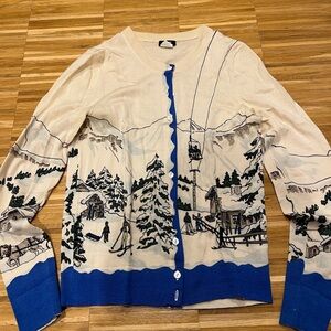 J. Crew Cream and Blue ski resort drawing cardigan small